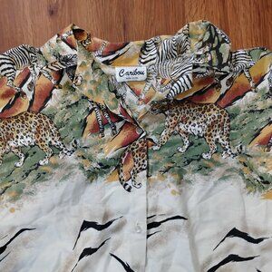 Vintage Caribou New York Safari Animals Zebra Lion Leopard Button Shirt